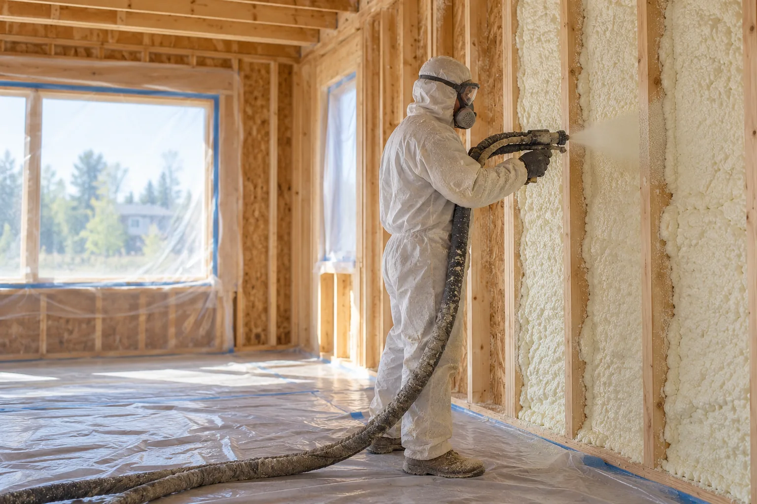 Напыление ППУ между стойками стены частного дома